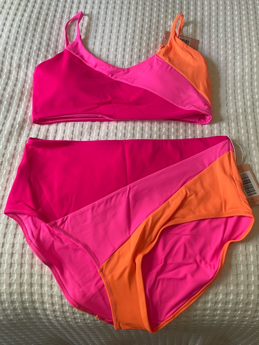 Colorblock High-Rise Bikini Set in Hot Pink, Light Pink & Orange